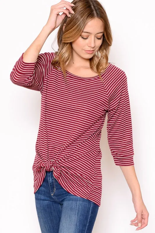 3/4 Sleeve Front Knot Detail Striped Top