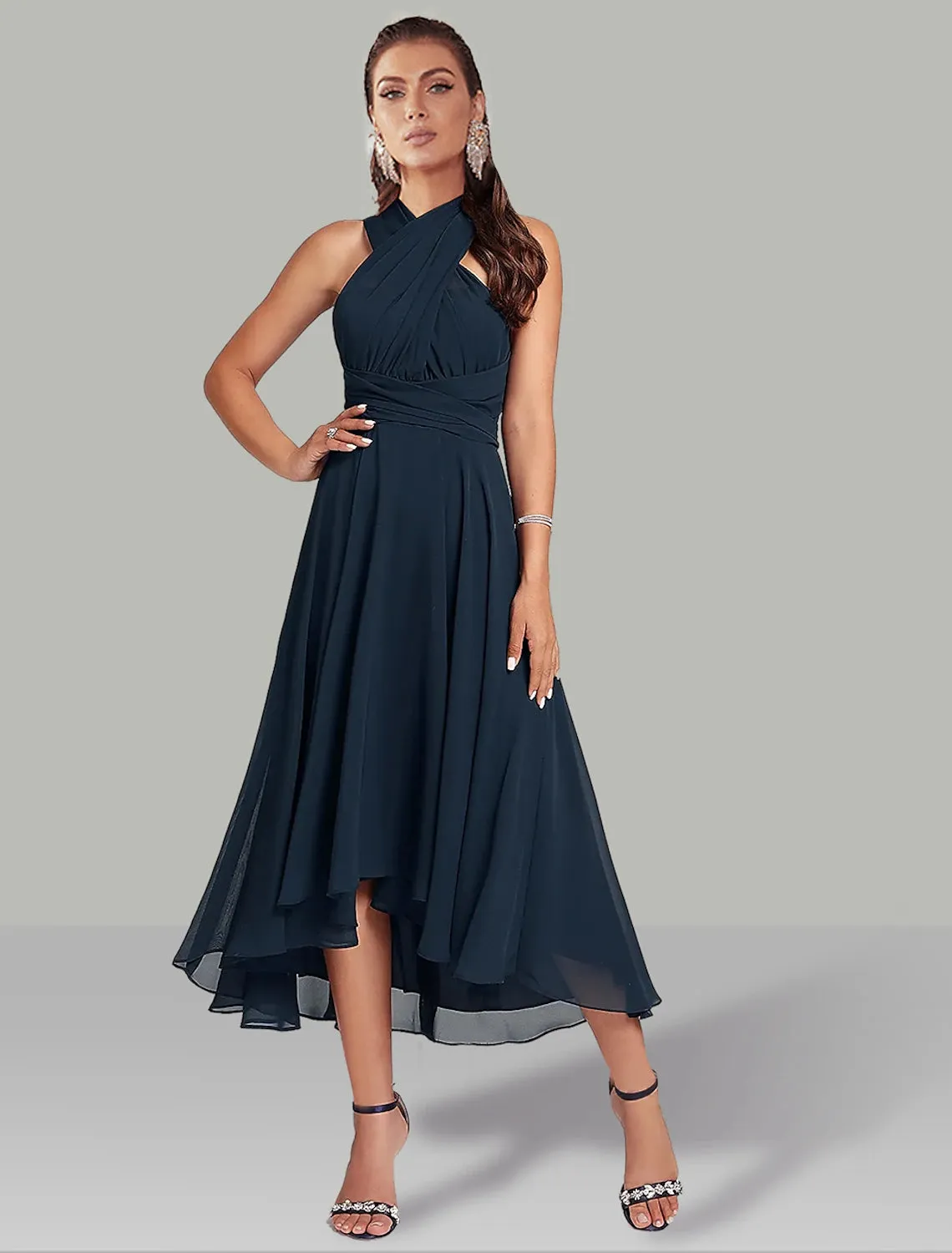 A-Line Blue Wedding Guest Dresses Convertible Infinity Mother Of The Bride Dress Formal Tea Length Sleeveless One Shoulder Chiffon with Ruched