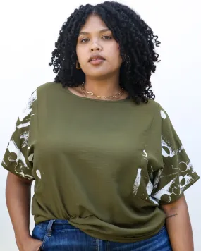 Abstract Contrast Sleeves Solid Blouse | Green