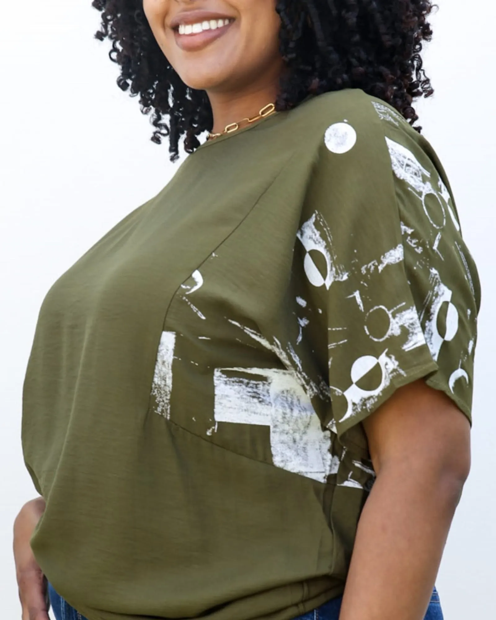 Abstract Contrast Sleeves Solid Blouse | Green