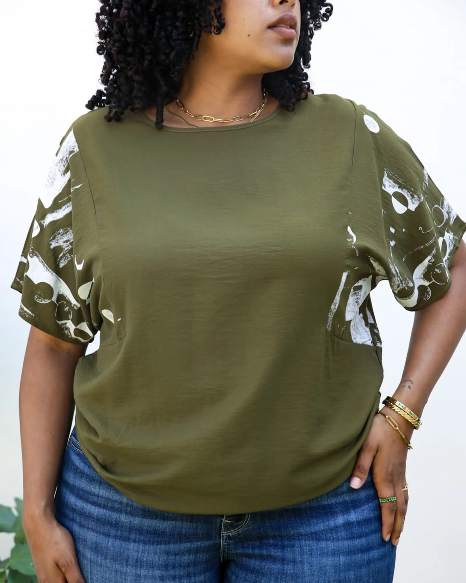 Abstract Contrast Sleeves Solid Blouse | Green