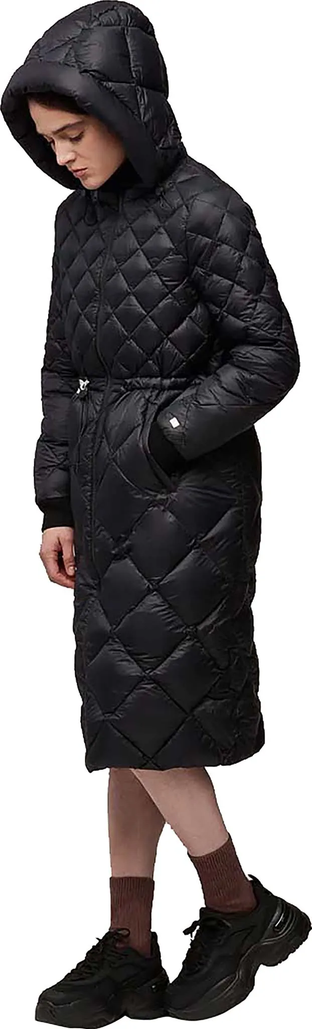 Aime Sustainable Calf-Length Lightweight Down Coat with Hood - Women's|-|Manteau aux mollets en duvet léger durable avec capuchon Aime - Femme