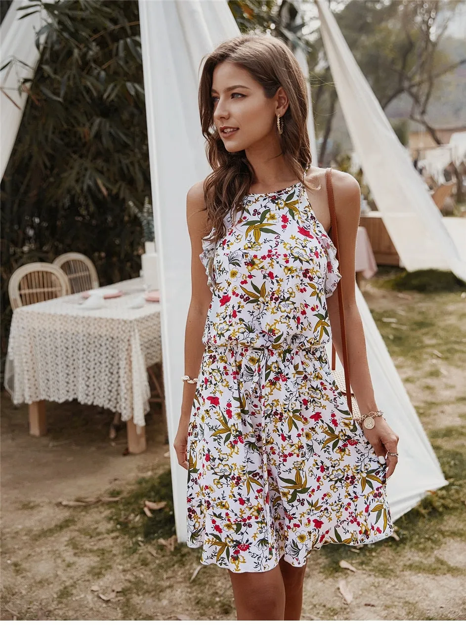 Amy Fashion - Casual Sleeveless Ruffles Above Knee Floral Dress