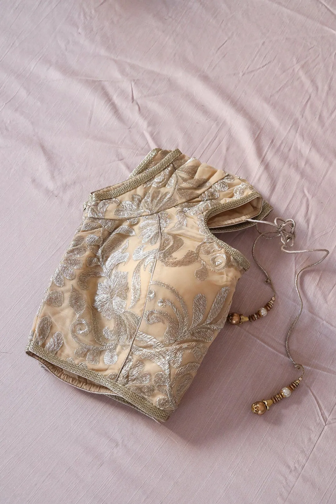 Beige Zari Embroidery Net Stitched Blouse