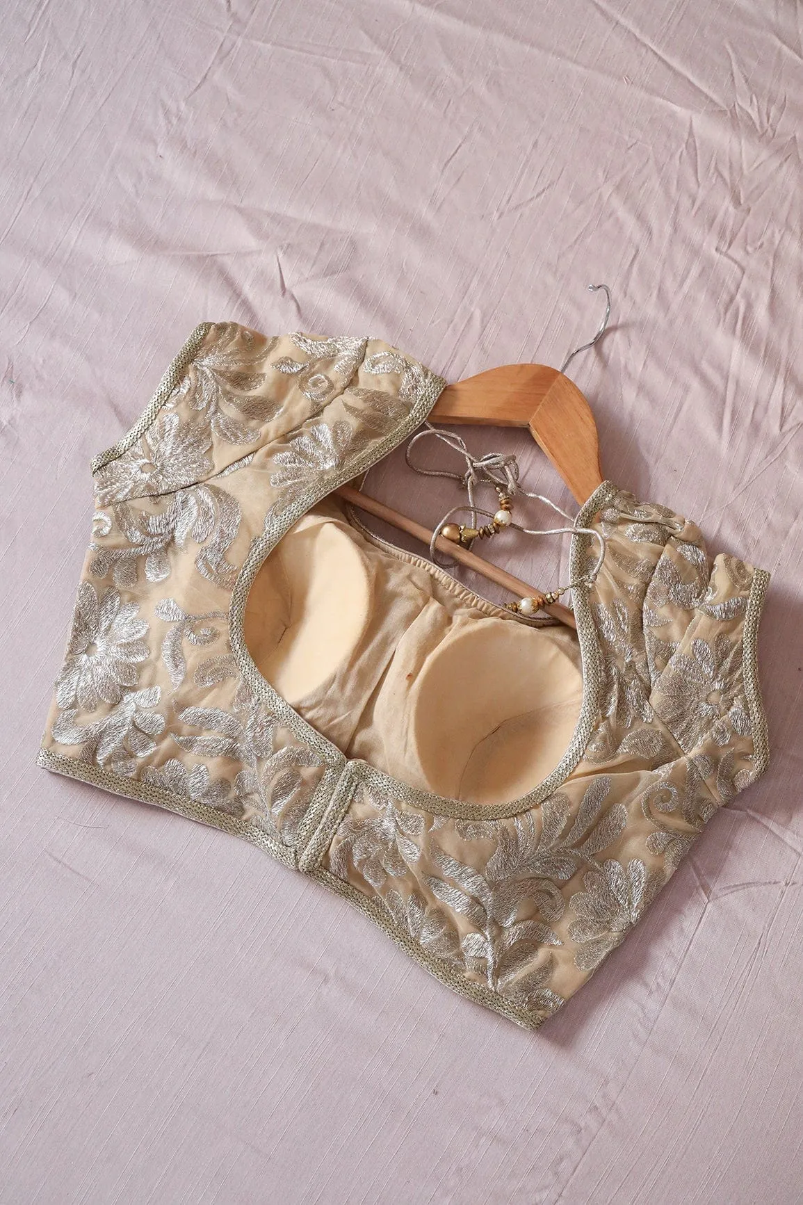 Beige Zari Embroidery Net Stitched Blouse