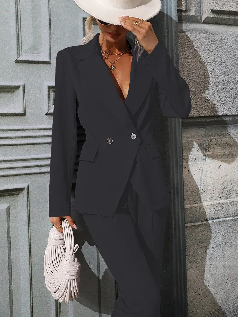BerriesJam - 2024 Solid Double Breasted Blazer Sexy Split Flare Pants Set