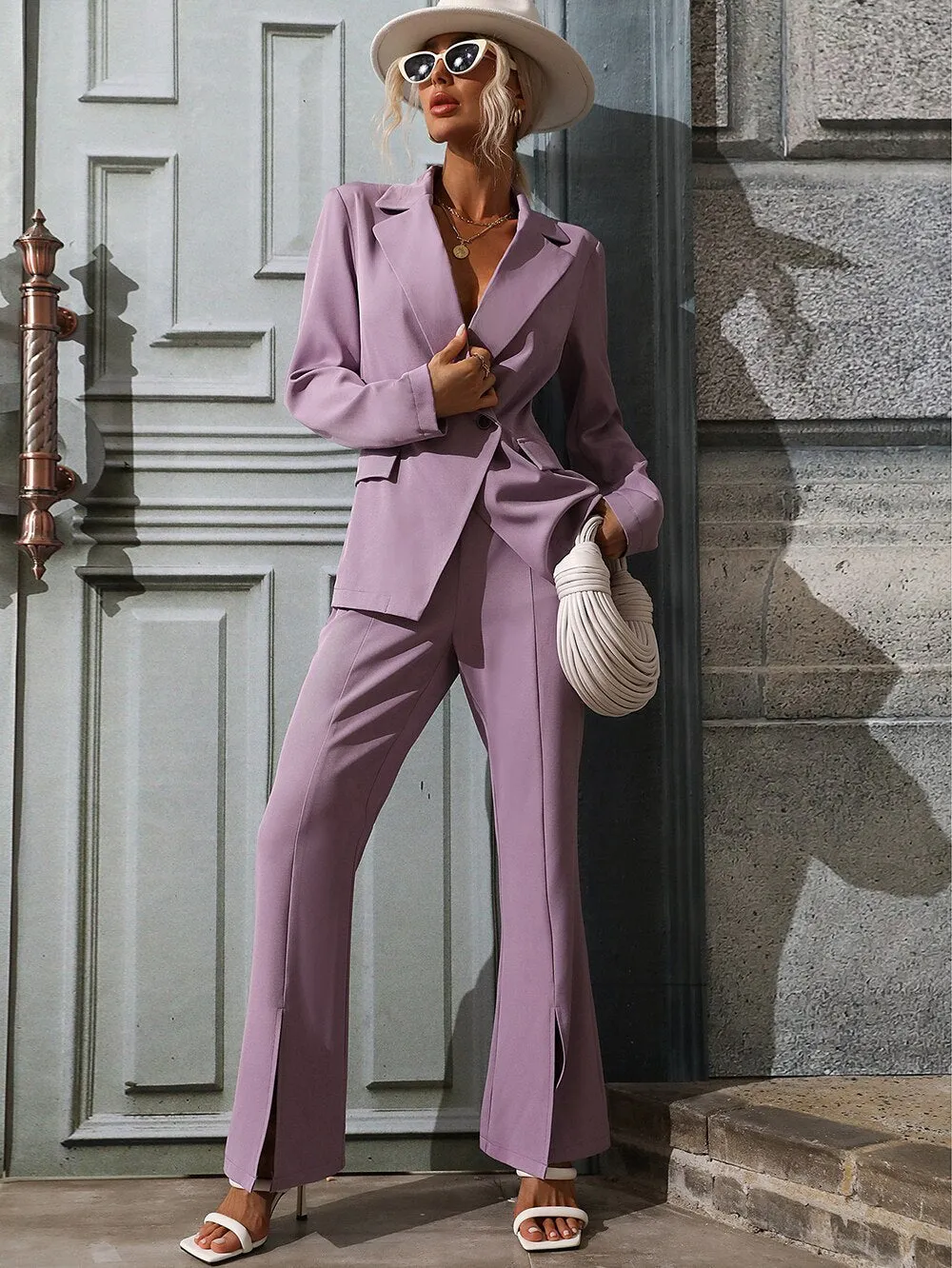 BerriesJam - 2024 Solid Double Breasted Blazer Sexy Split Flare Pants Set