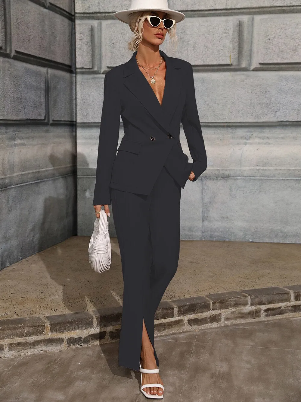 BerriesJam - 2024 Solid Double Breasted Blazer Sexy Split Flare Pants Set