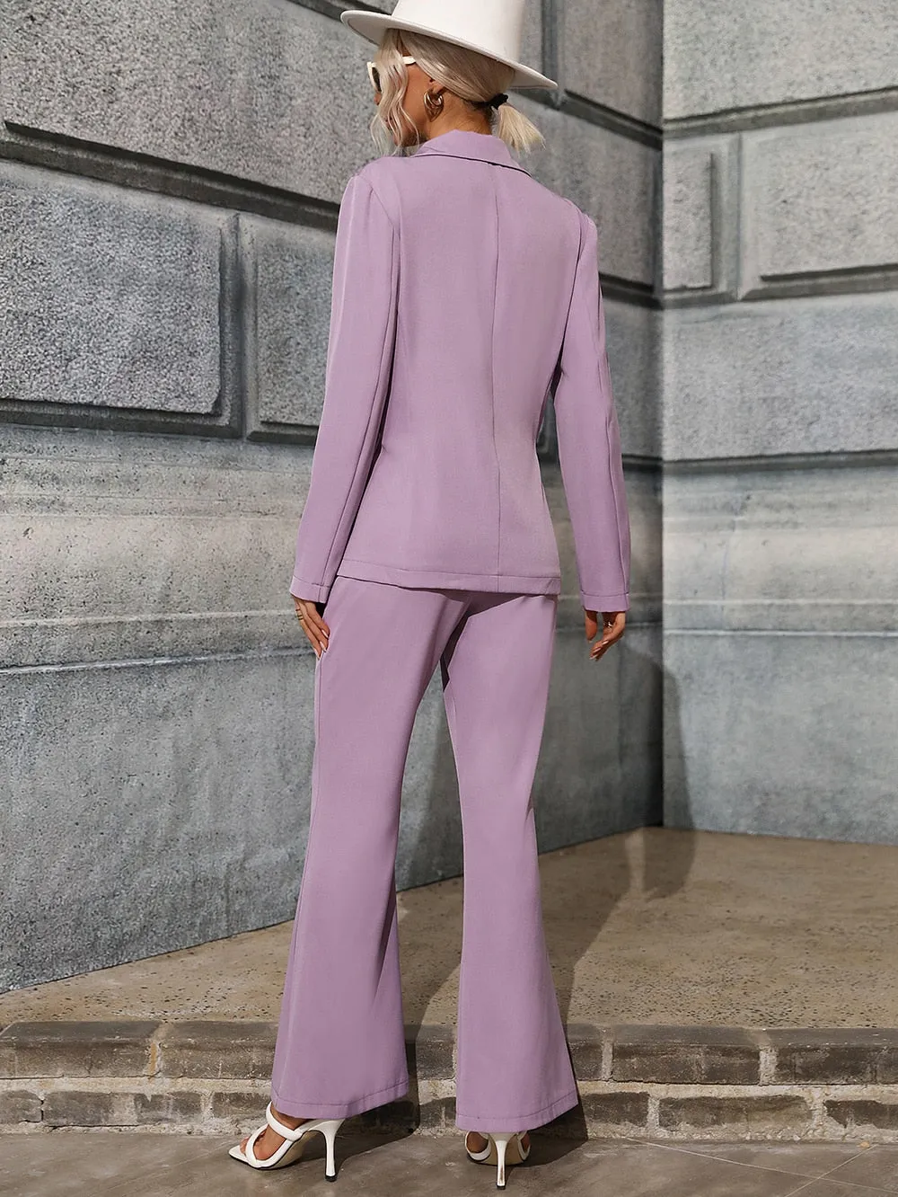 BerriesJam - 2024 Solid Double Breasted Blazer Sexy Split Flare Pants Set