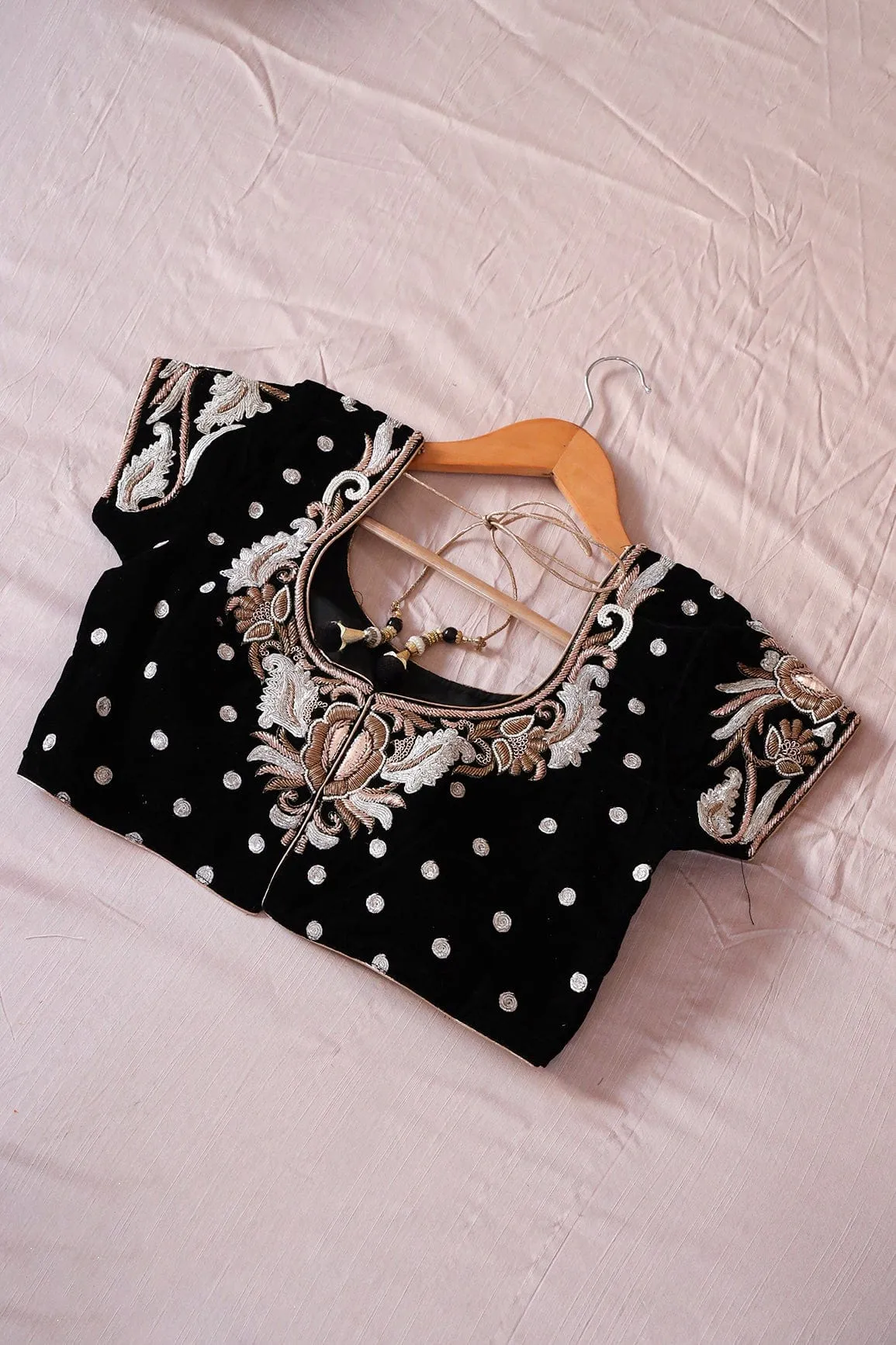 Black Hand Work Embroidery Velvet Stitched Blouse