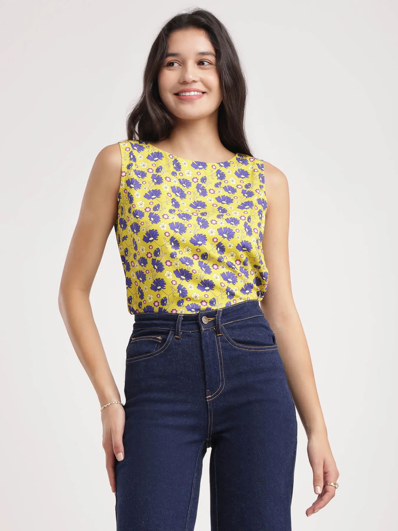 Boat Neck Floral Top - Acid Green