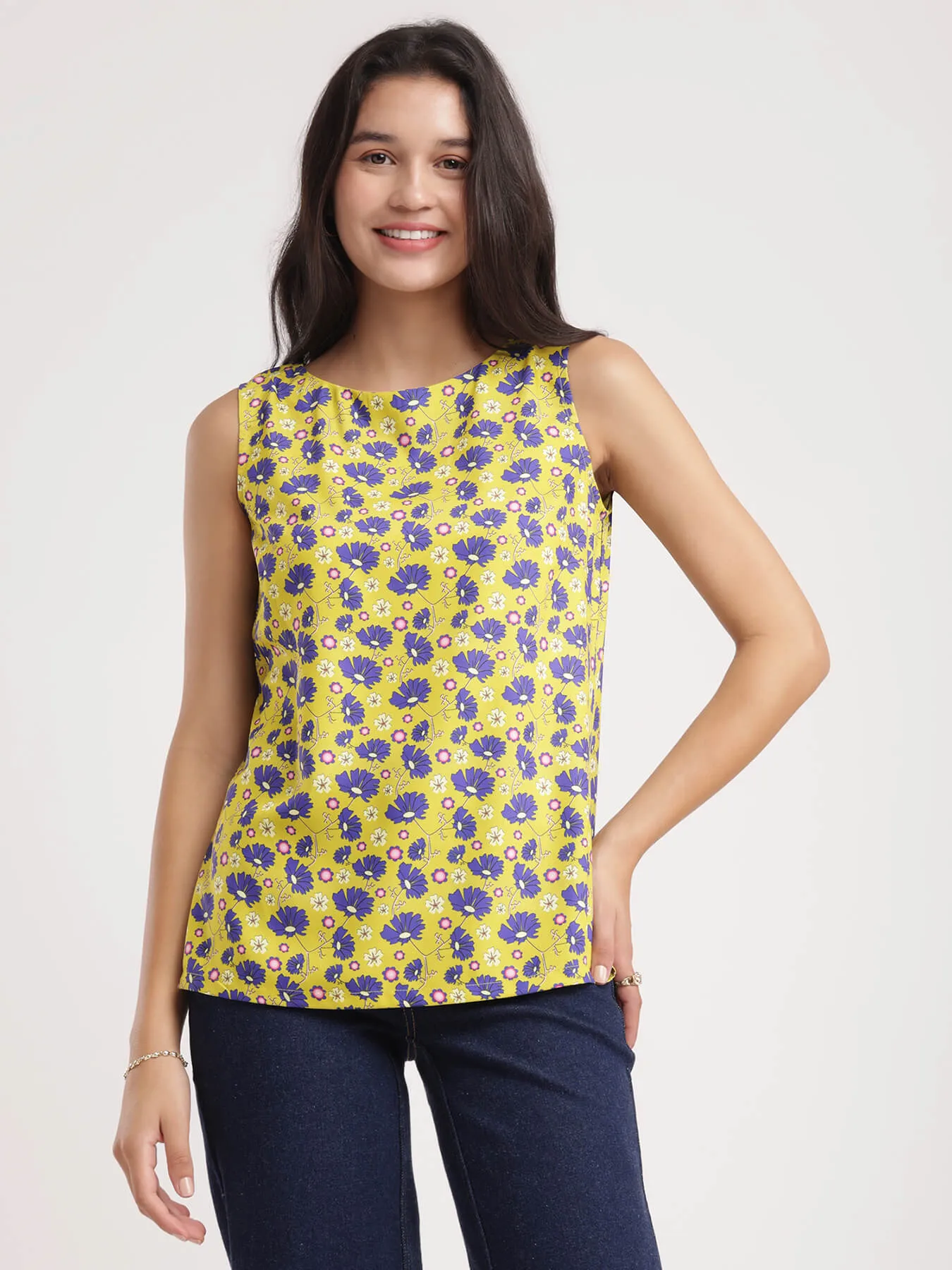Boat Neck Floral Top - Acid Green