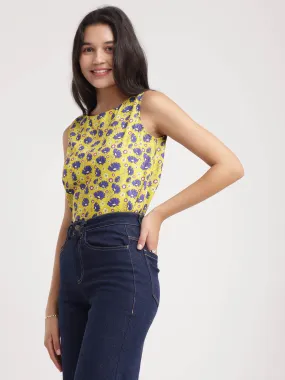 Boat Neck Floral Top - Acid Green