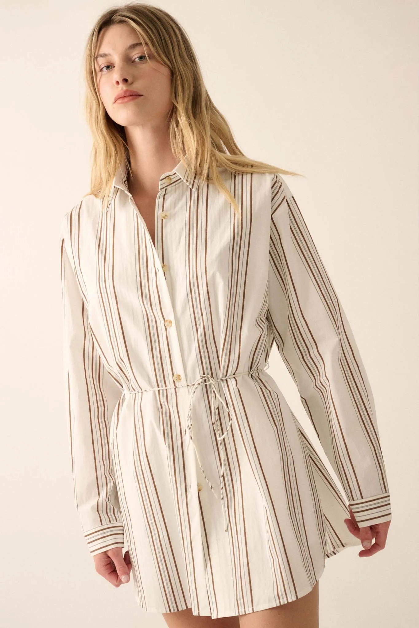 Bottom Line Striped Button-Up Belted Shirt Romper