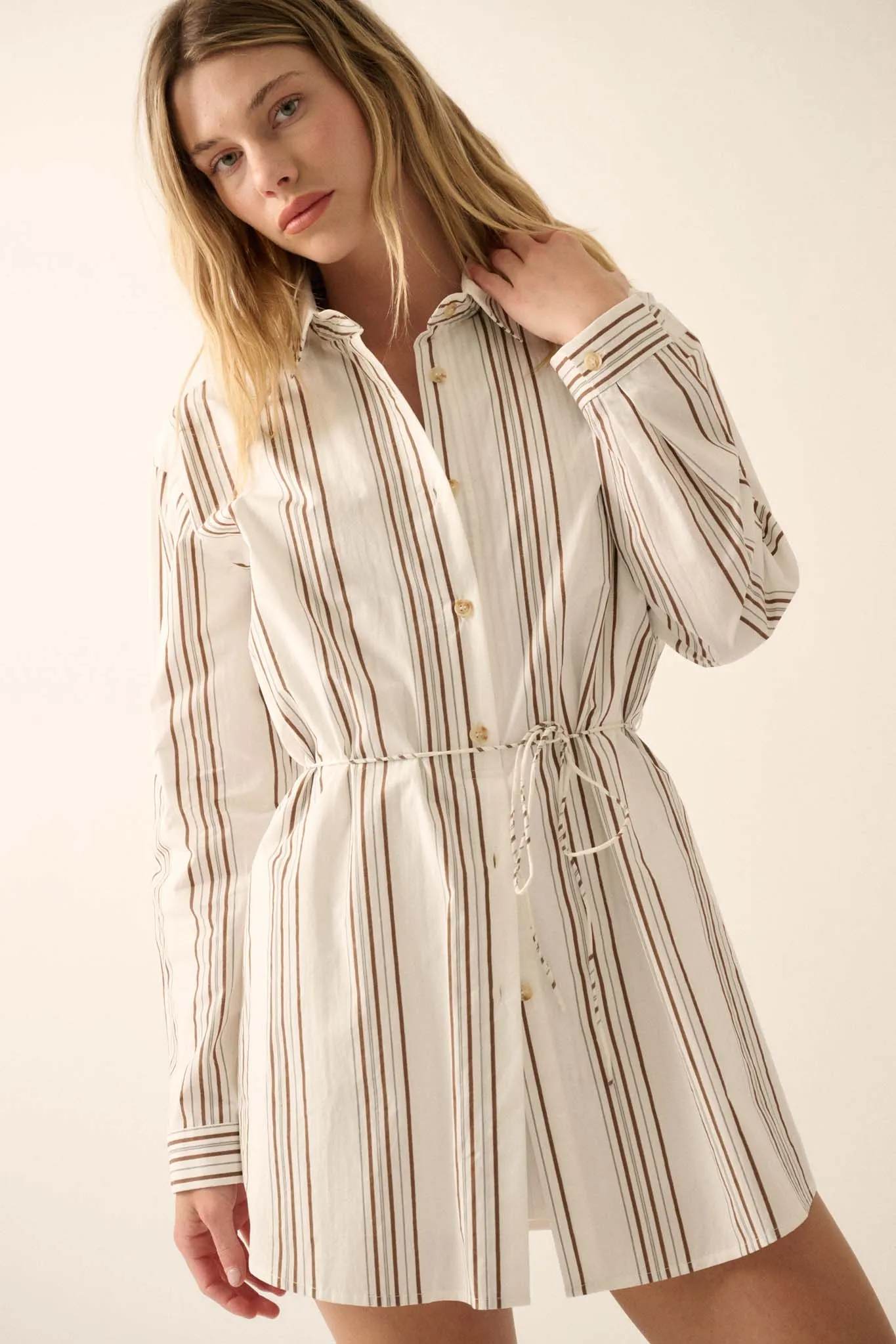 Bottom Line Striped Button-Up Belted Shirt Romper