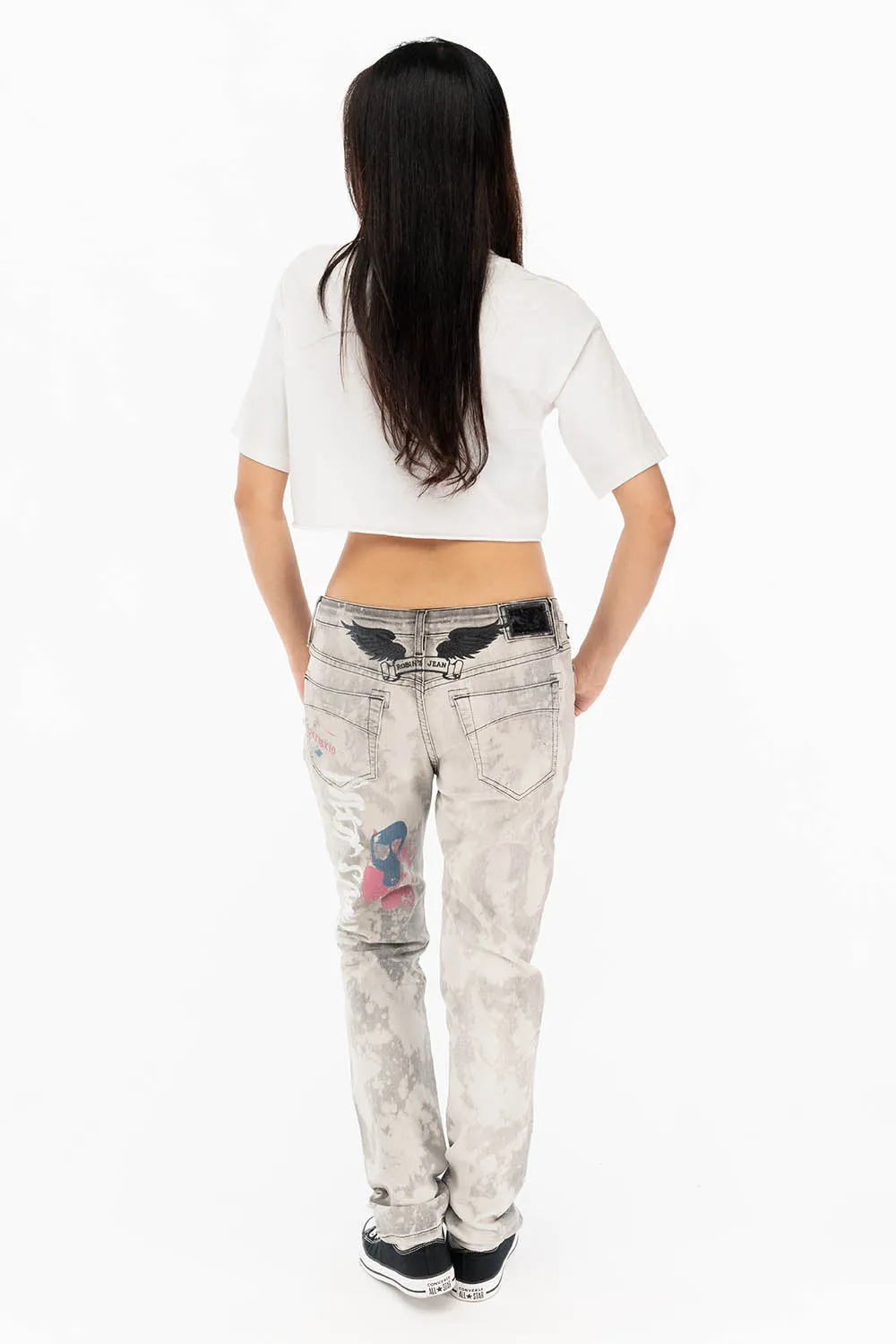 BOYFRIEND STYLE WOMENS JEANS IN MARCEL BLACK WASH WITH GEISHA PRINT