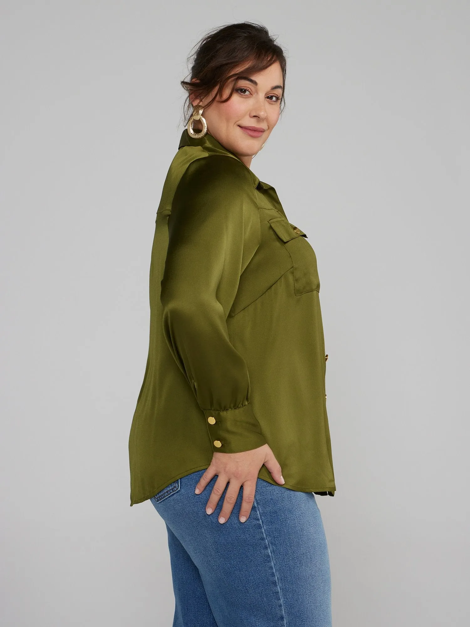 Button-Front Satin Shirt