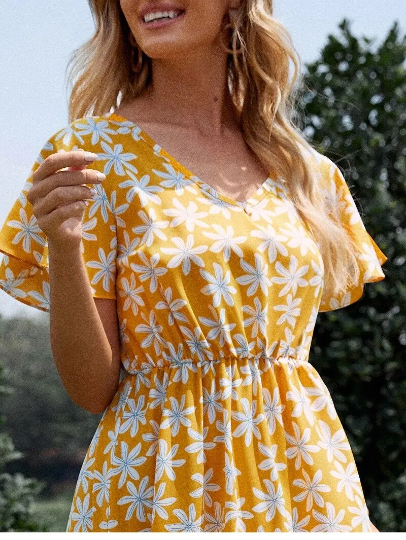 Casual Floral V Neck Dress