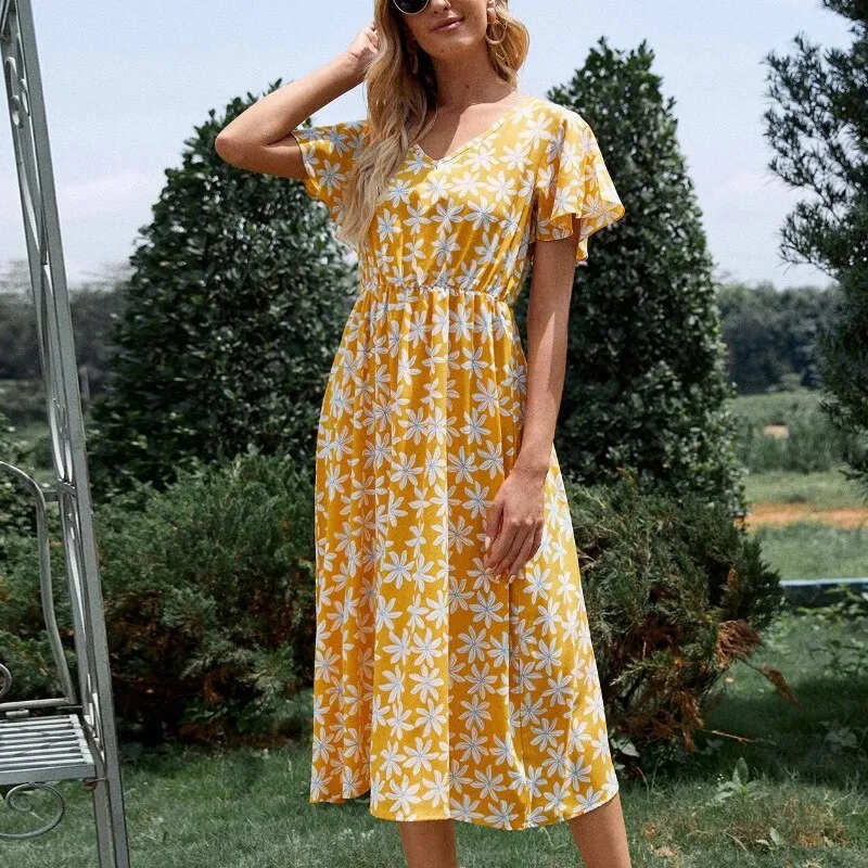 Casual Floral V Neck Dress
