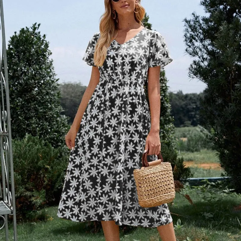 Casual Floral V Neck Dress