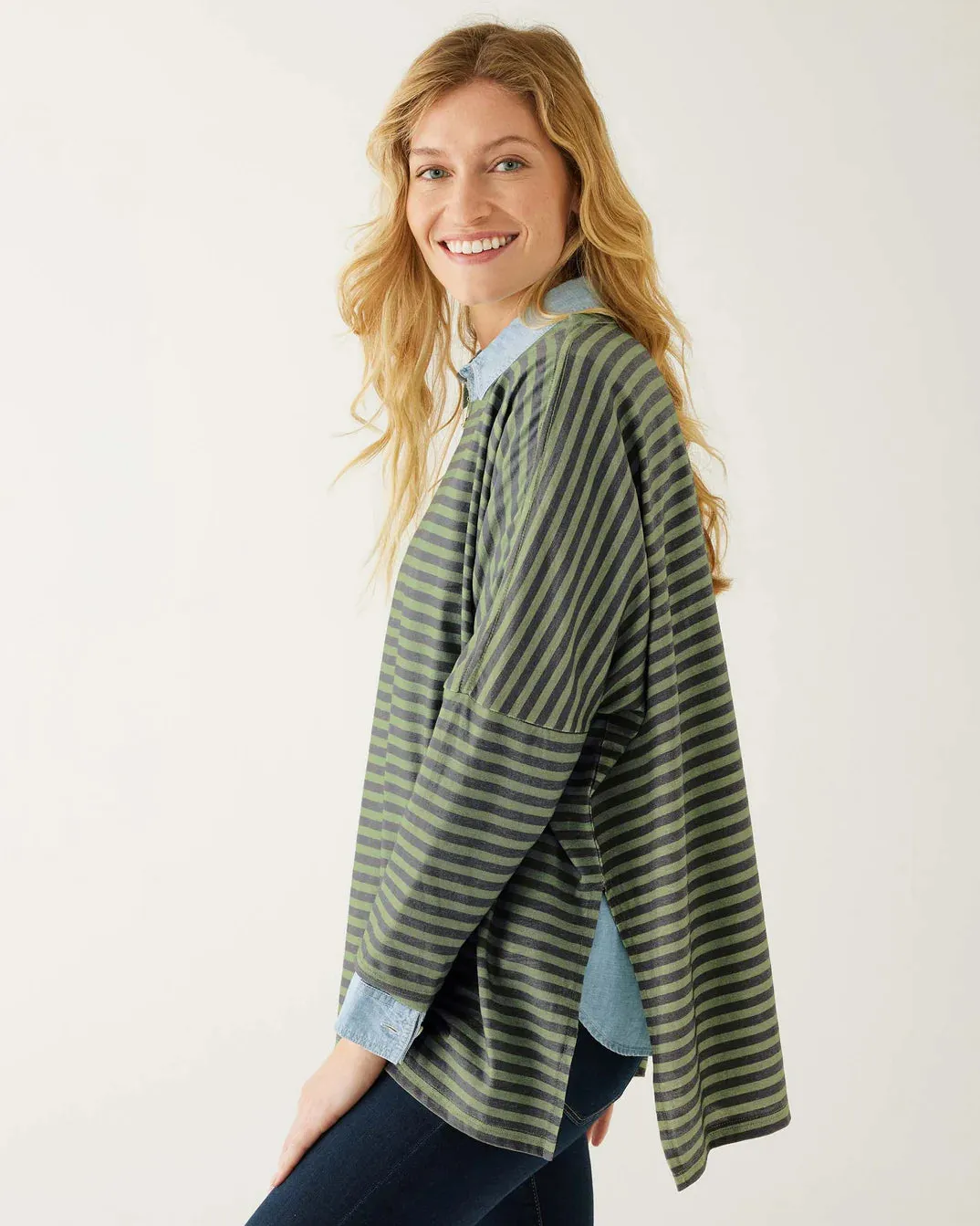 Catalina Slub Tee in Sage Green / Indigo Blue Stripe