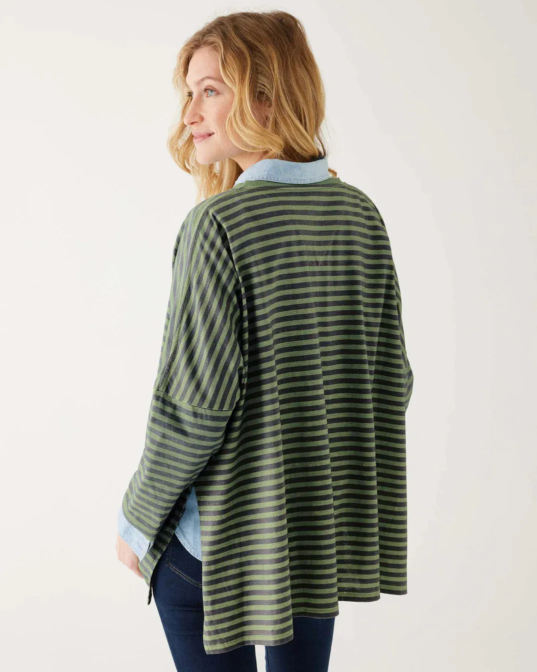 Catalina Slub Tee in Sage Green / Indigo Blue Stripe