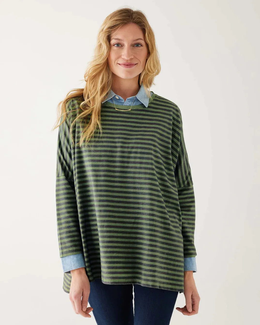 Catalina Slub Tee in Sage Green / Indigo Blue Stripe