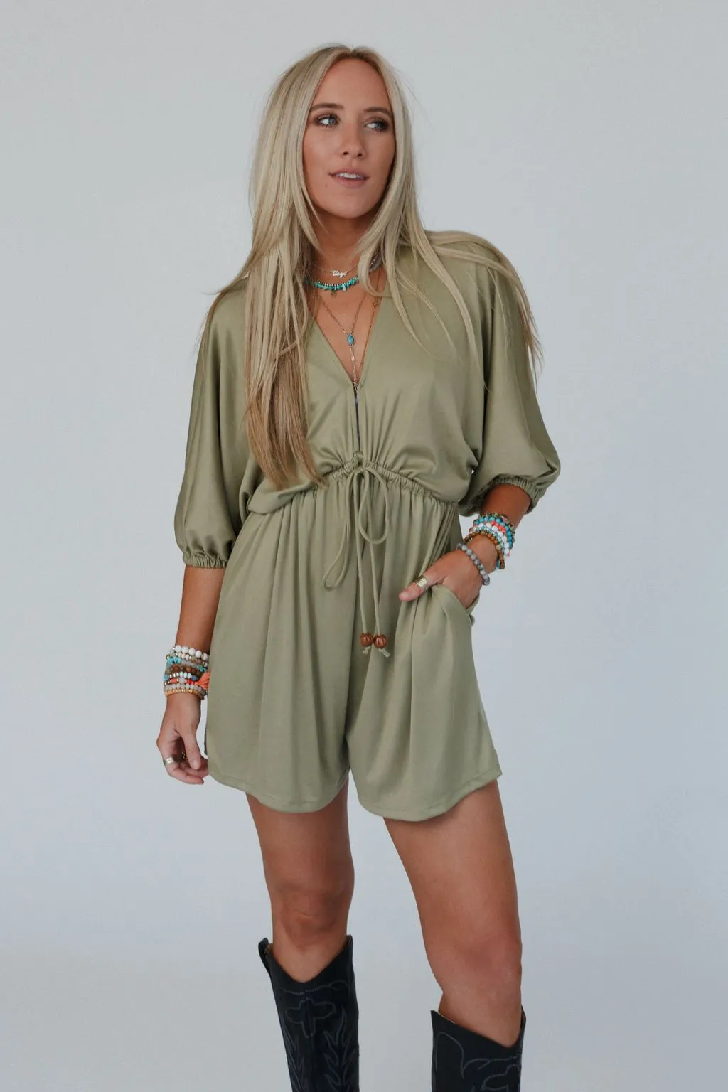 City Days Drawstring Romper - Olive