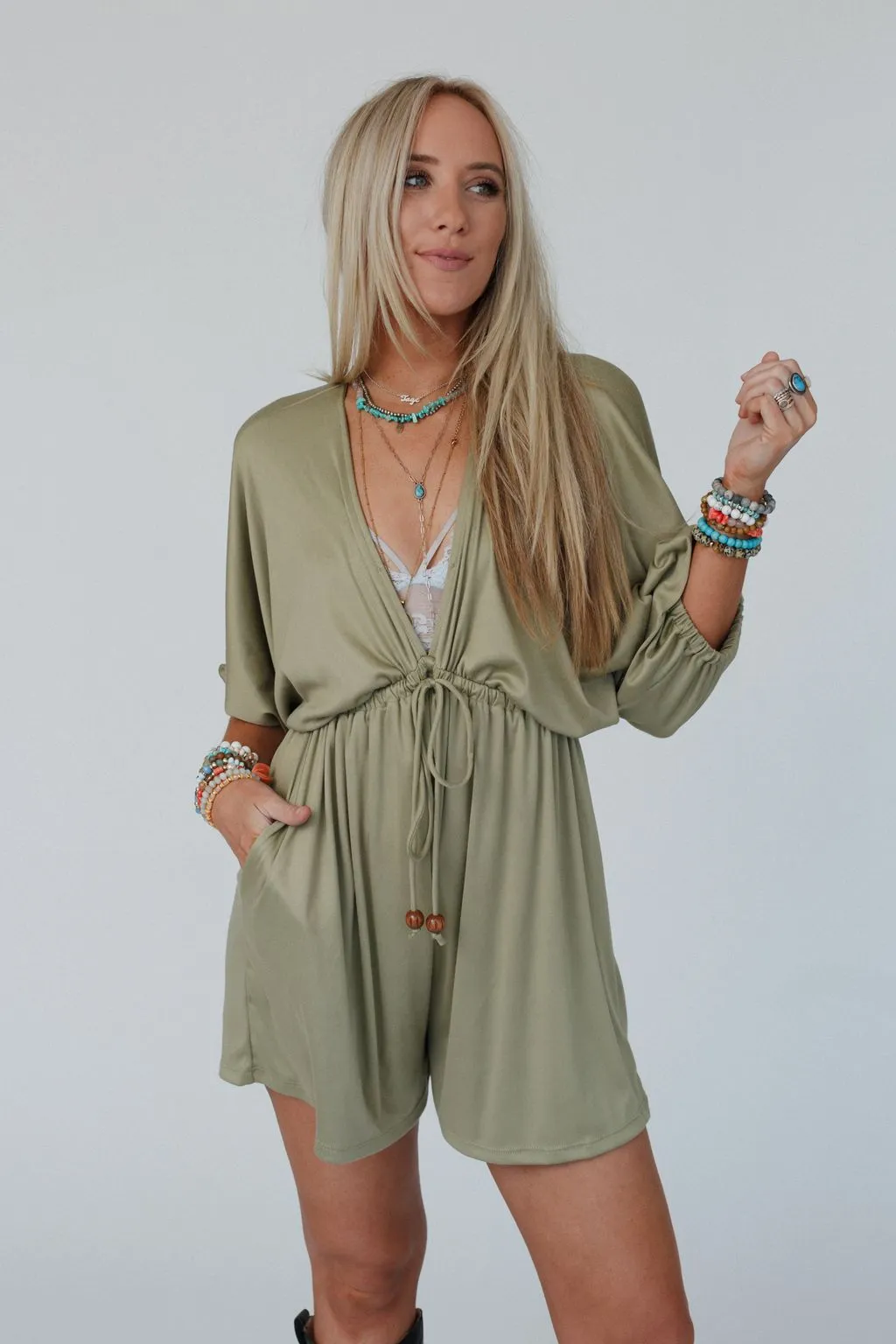 City Days Drawstring Romper - Olive
