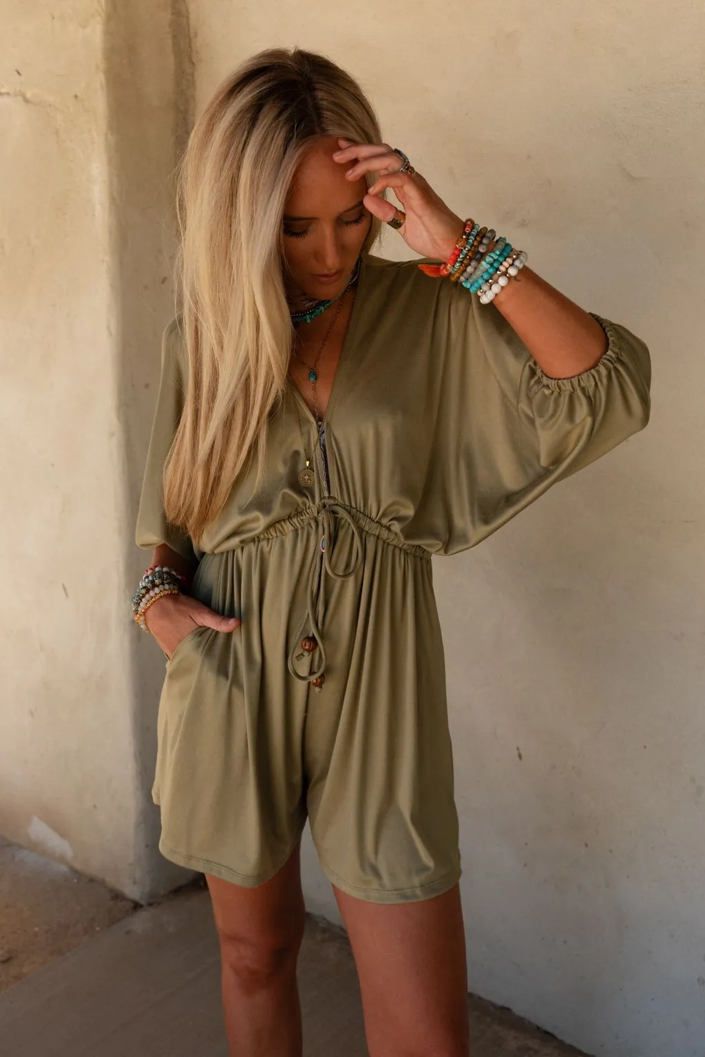 City Days Drawstring Romper - Olive