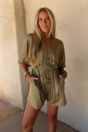 City Days Drawstring Romper - Olive