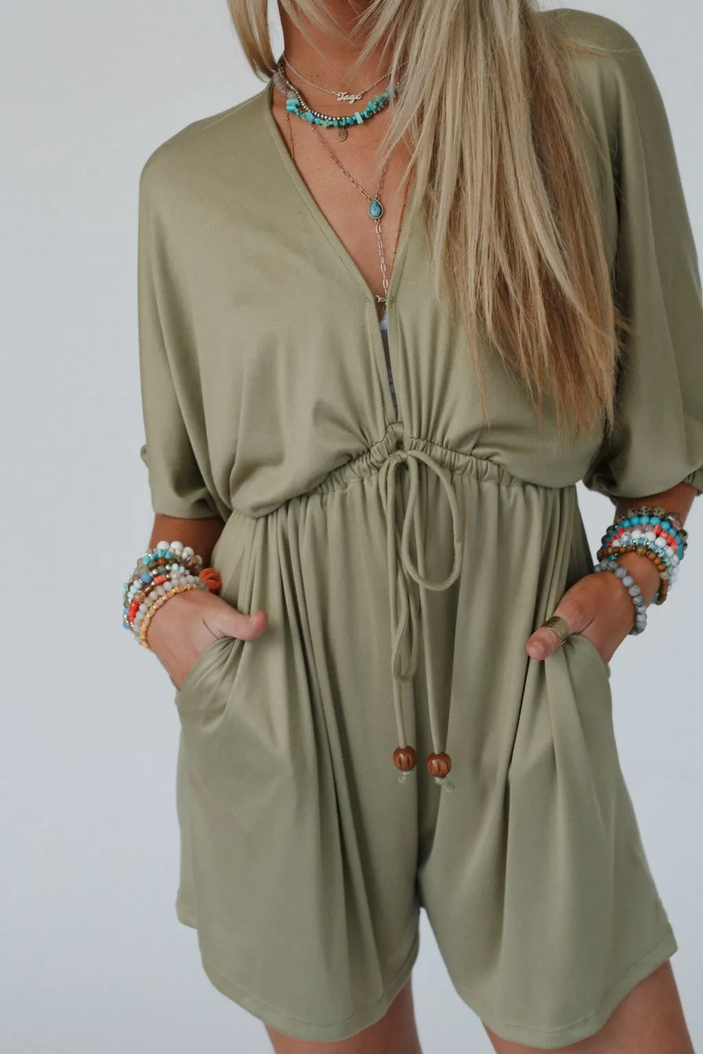 City Days Drawstring Romper - Olive