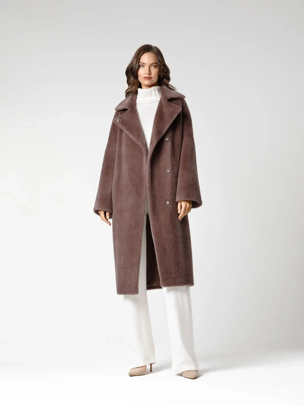 Coat in smooth eco-fur with turn-down collar