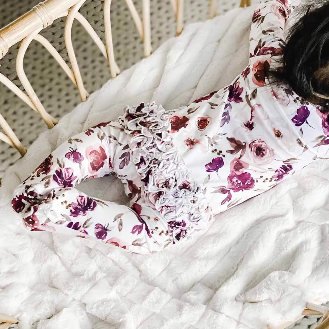 Demi's Dusty Purple Floral Zipper Ruffle Footie