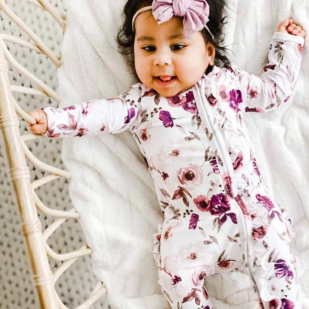 Demi's Dusty Purple Floral Zipper Ruffle Footie