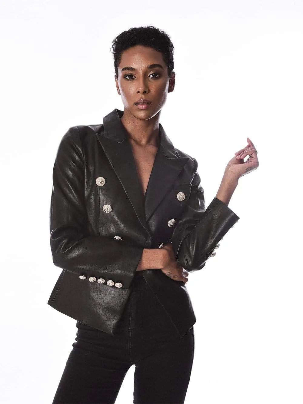 Double-Breasted Leather Blazer