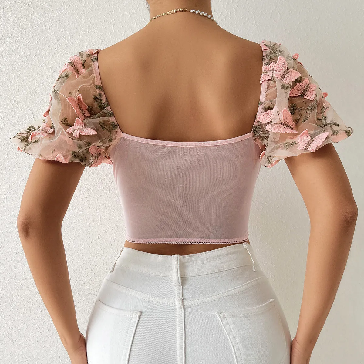 DressBetty - 3D Butterfly Embroidery Crop Top