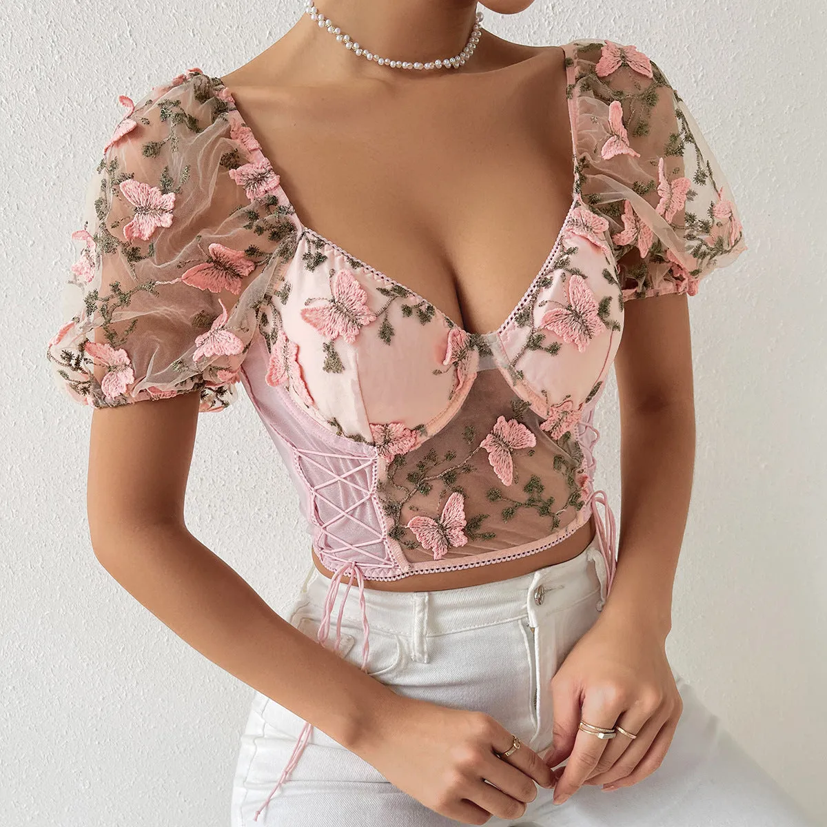 DressBetty - 3D Butterfly Embroidery Crop Top
