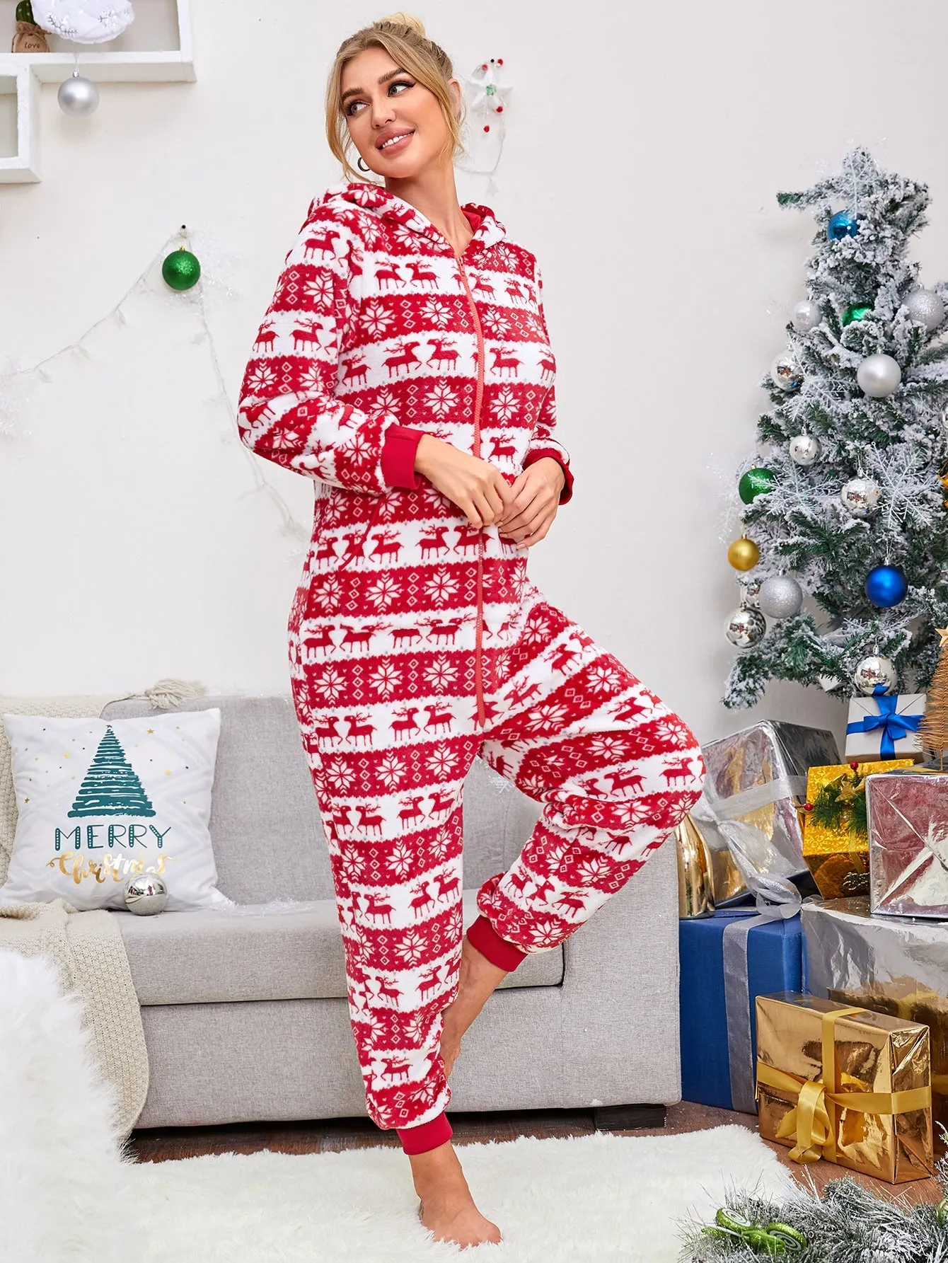 DressBetty - Christmas Hooded Jumpsuit Long Sleeve Zip Up Pajamas Warm Sleep Home Wear