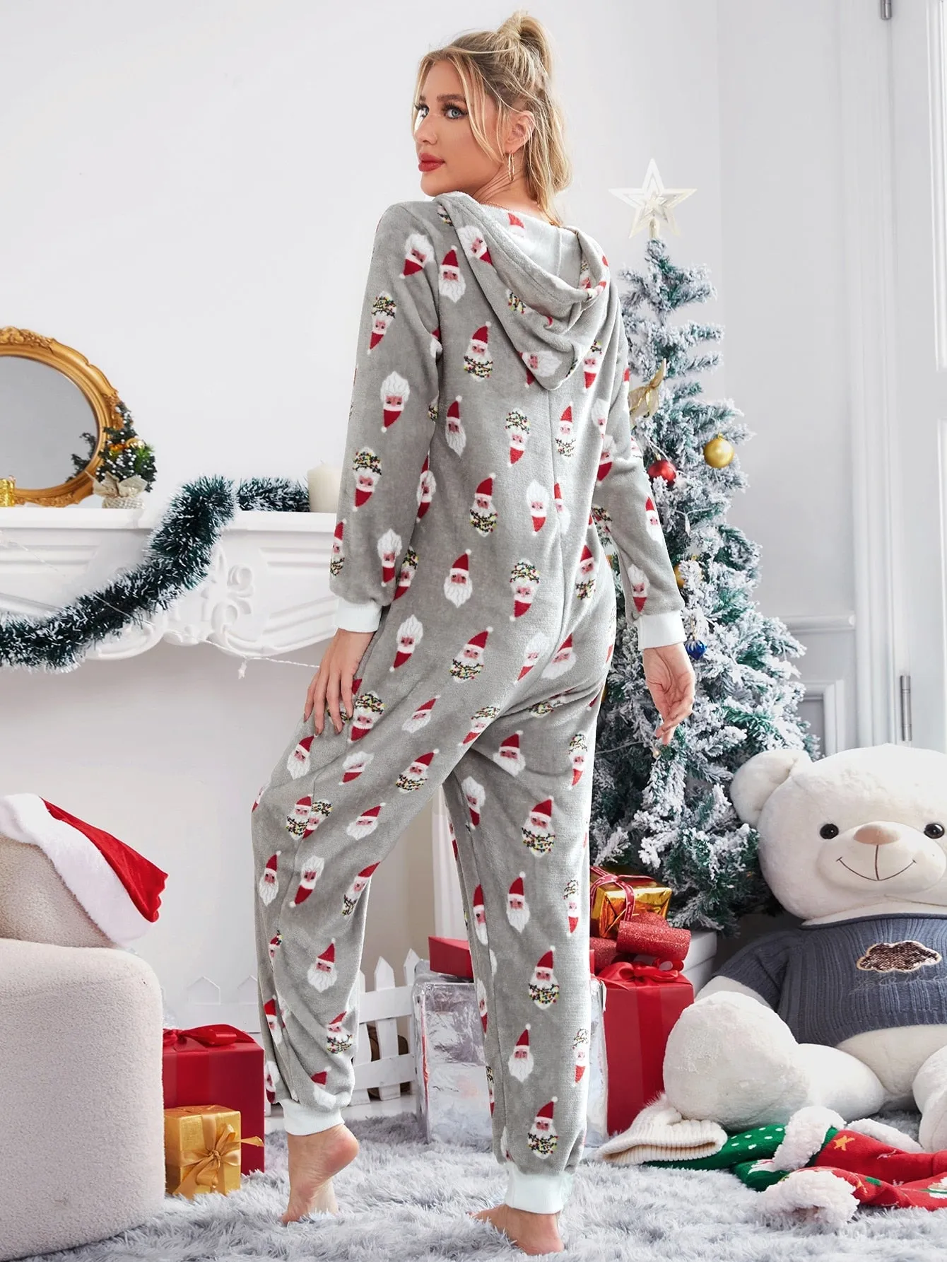 DressBetty - Christmas Hooded Jumpsuit Long Sleeve Zip Up Pajamas Warm Sleep Home Wear