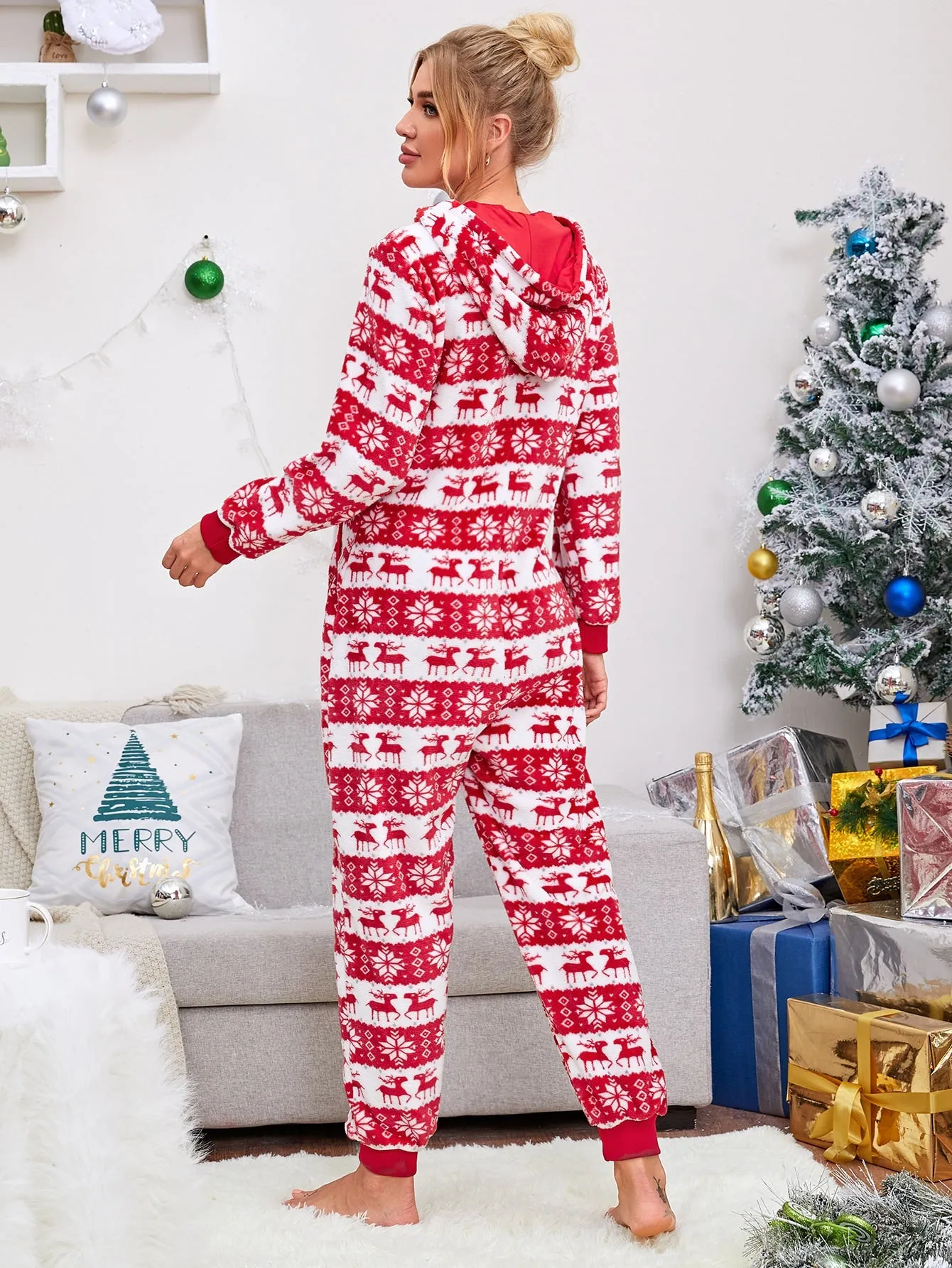 DressBetty - Christmas Hooded Jumpsuit Long Sleeve Zip Up Pajamas Warm Sleep Home Wear