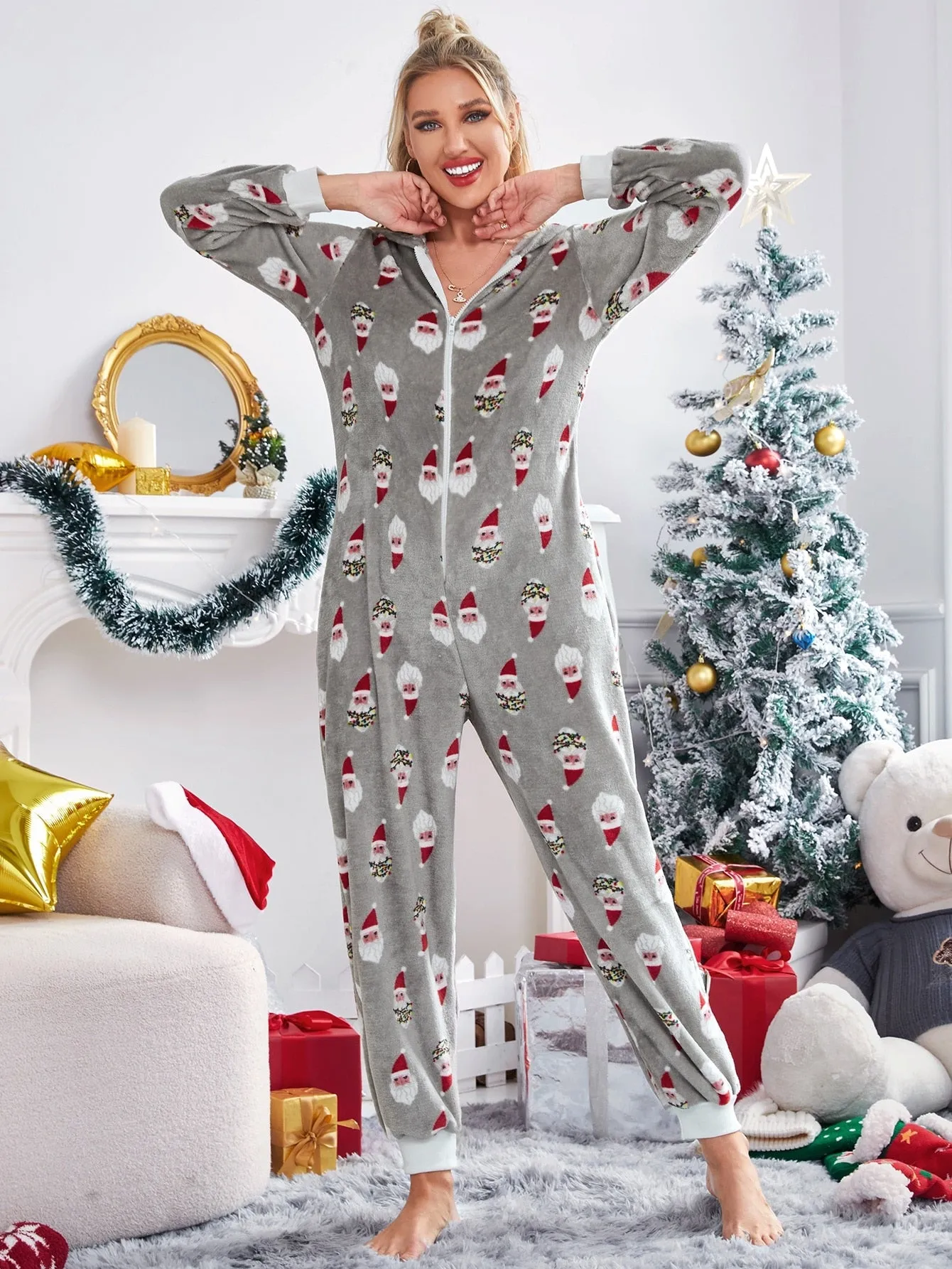 DressBetty - Christmas Hooded Jumpsuit Long Sleeve Zip Up Pajamas Warm Sleep Home Wear