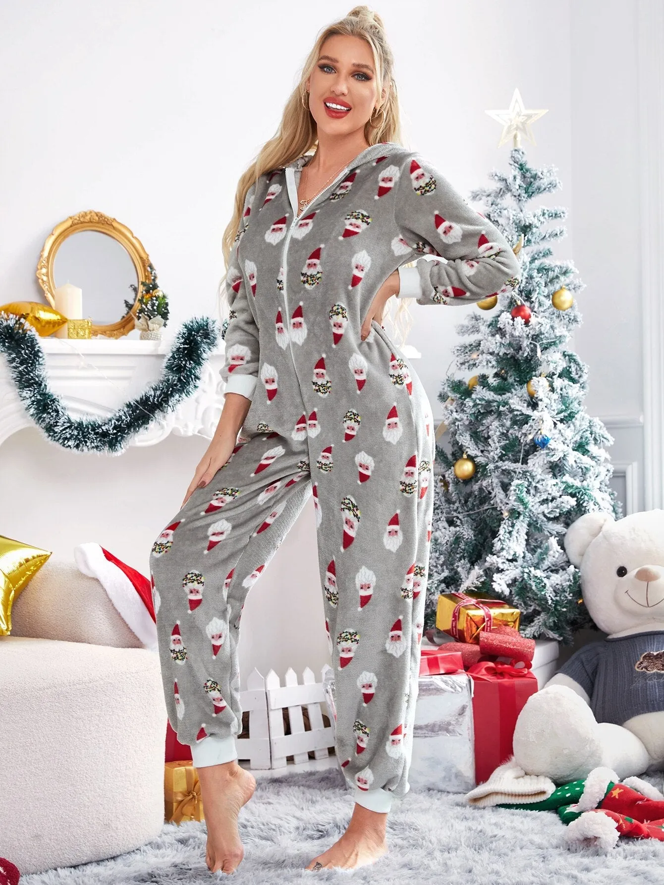 DressBetty - Christmas Hooded Jumpsuit Long Sleeve Zip Up Pajamas Warm Sleep Home Wear