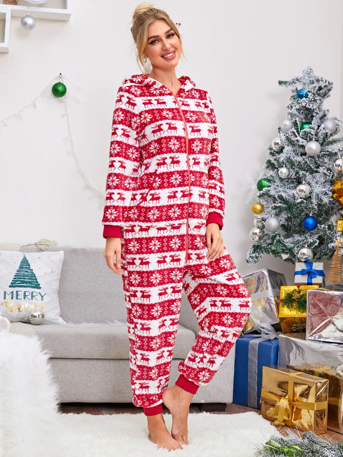 DressBetty - Christmas Hooded Jumpsuit Long Sleeve Zip Up Pajamas Warm Sleep Home Wear