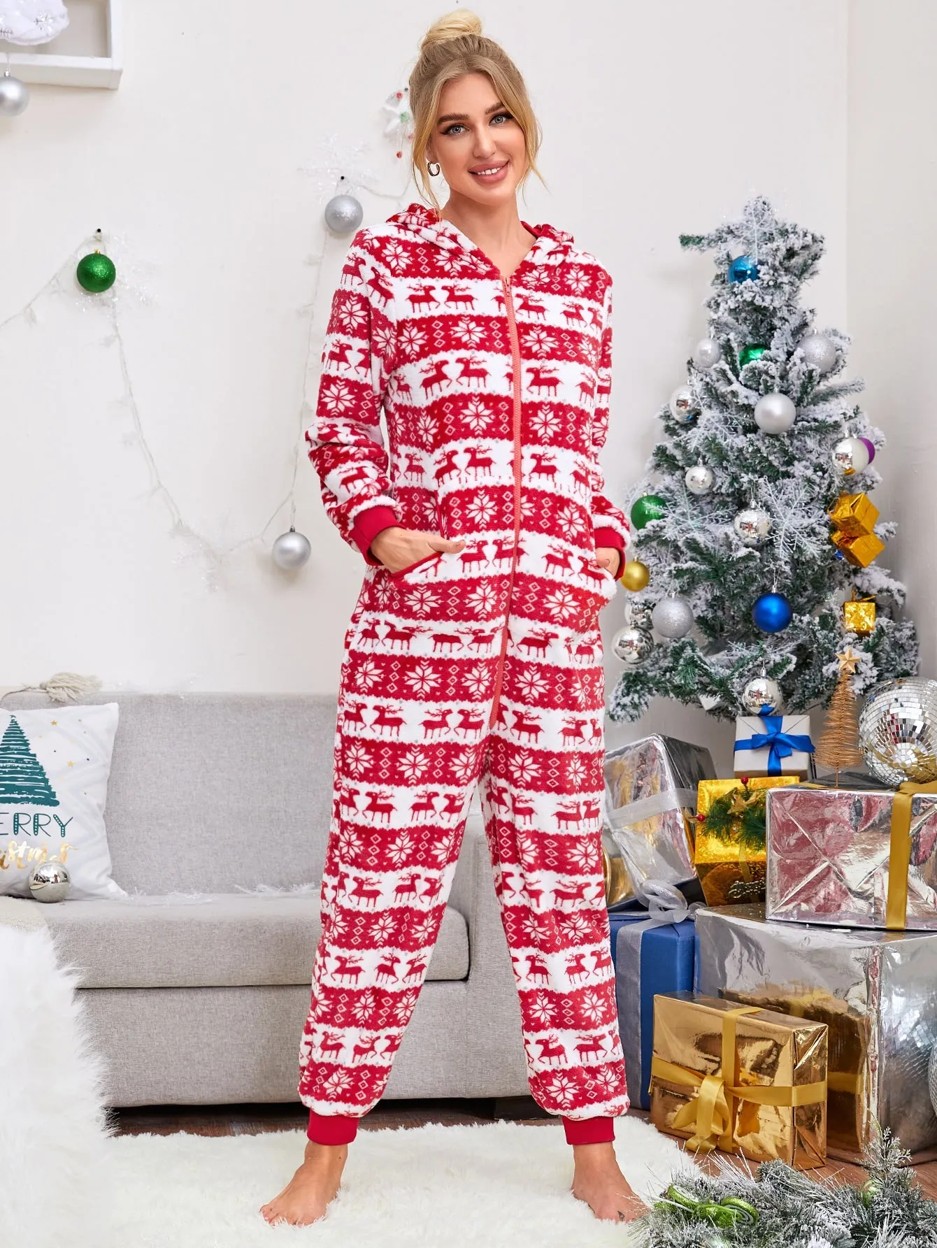 DressBetty - Christmas Hooded Jumpsuit Long Sleeve Zip Up Pajamas Warm Sleep Home Wear