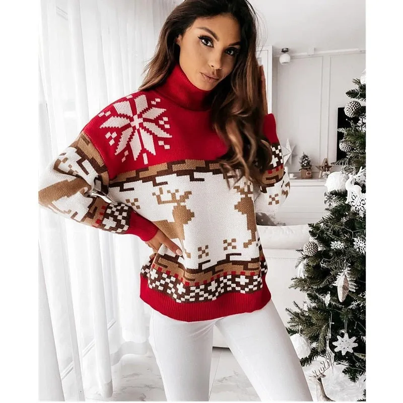 DressBetty - Christmas Turtleneck Sweaters Long Sleeve Elk Snowflake Pattern Pullovers Loose