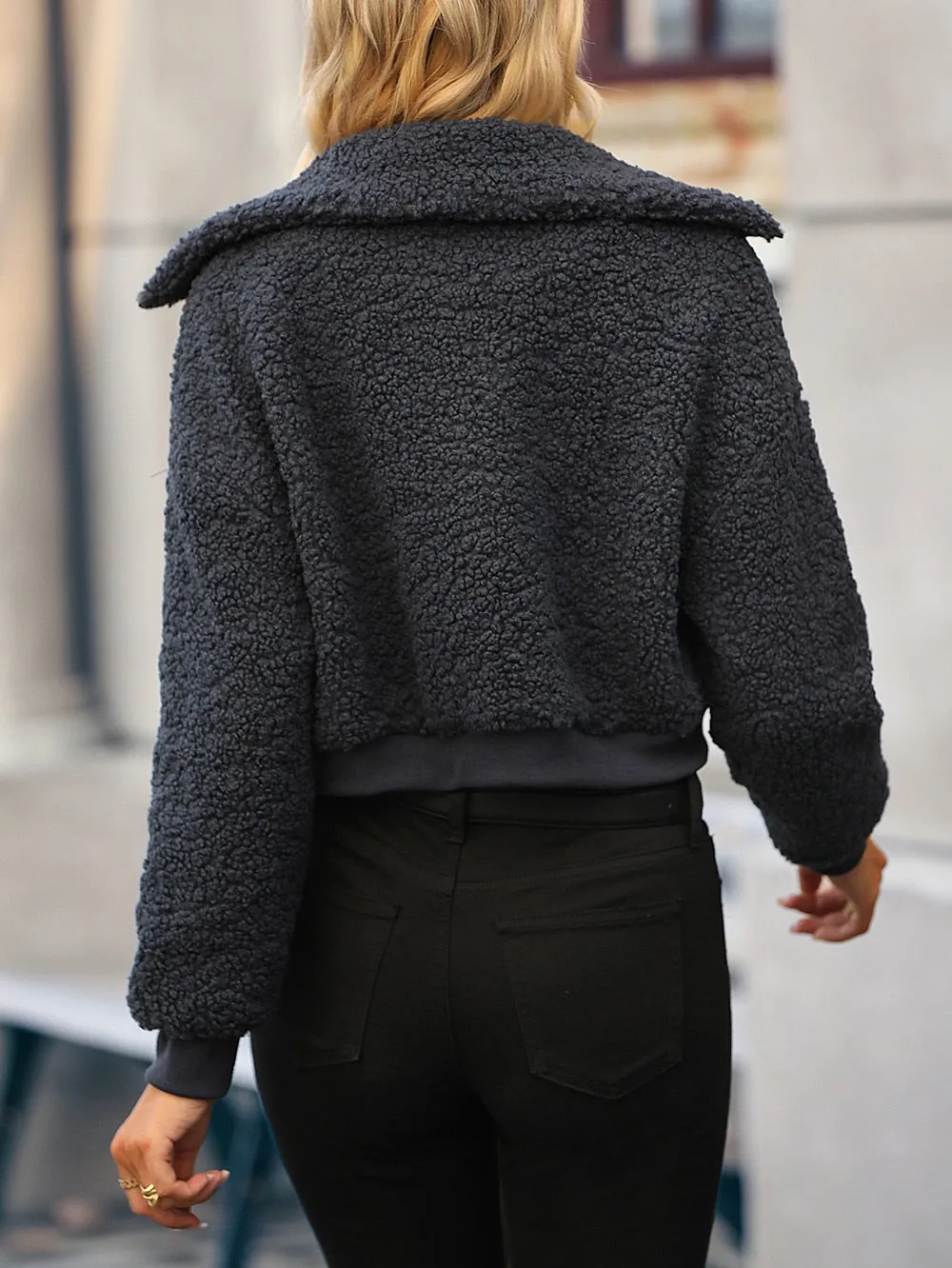 DressBetty - Drop Shoulder Solid Crop Teddy Jacket