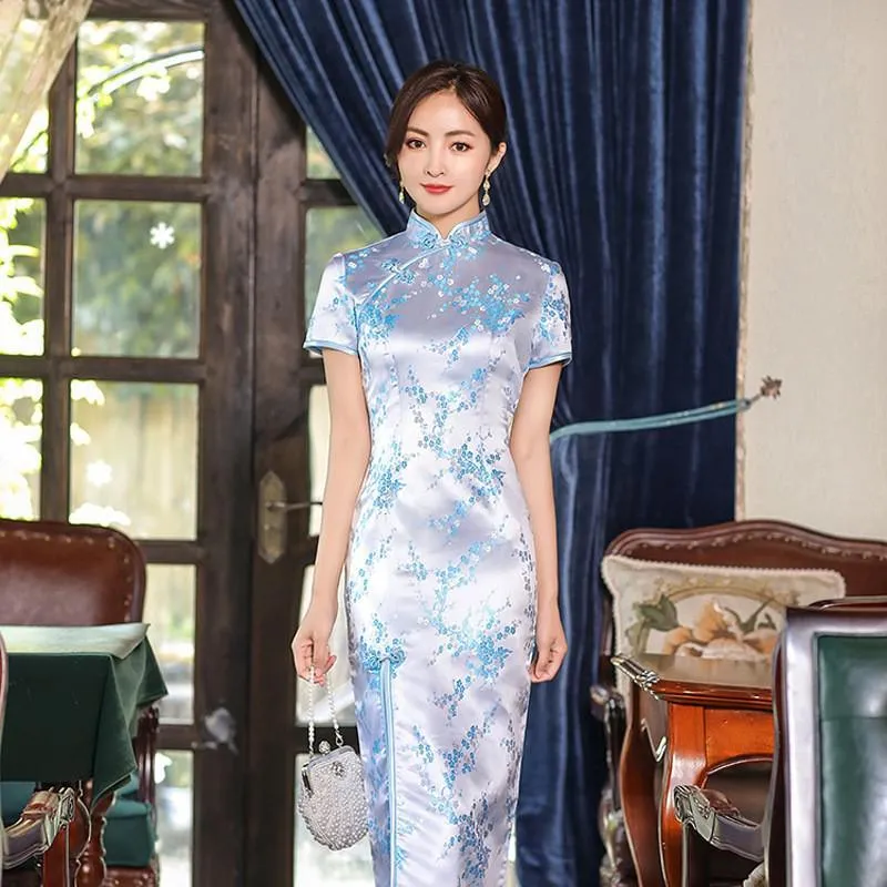 Elegant New Brocade Satin Long Fork Cheongsam Chinese Classic Dress