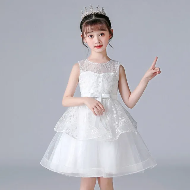 Elegant Princess Sleeveless Lace Embroidery Girls Dress