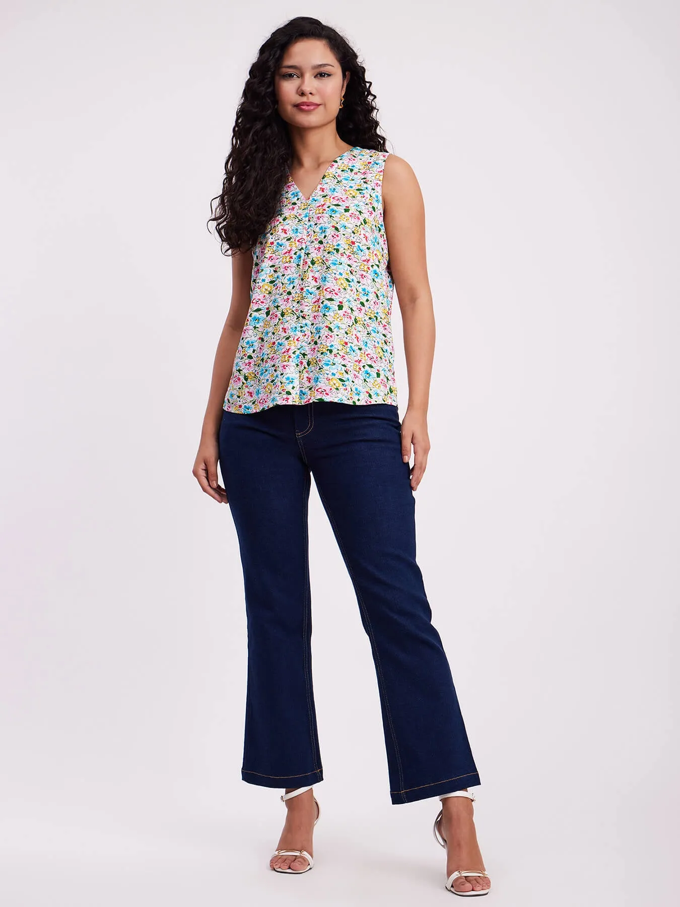 Floral Print V Neck Top - Multicolour